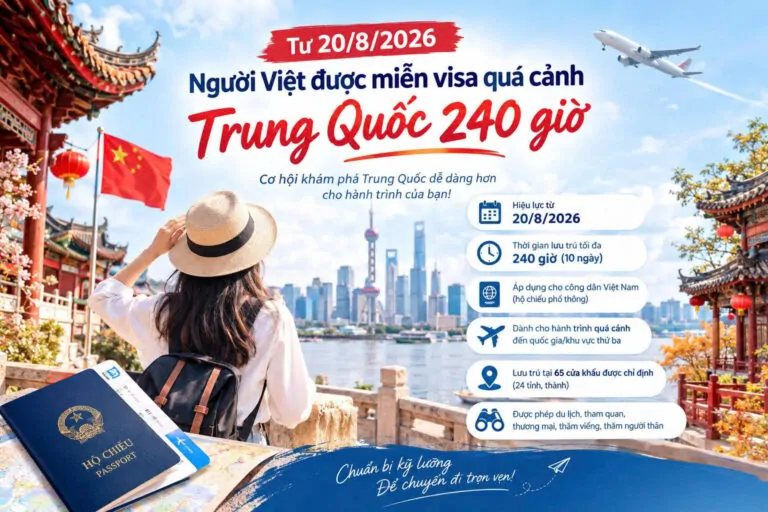 Từ 20/8/2026, người Việt được miễn visa quá cảnh Trung Quốc 240 giờ