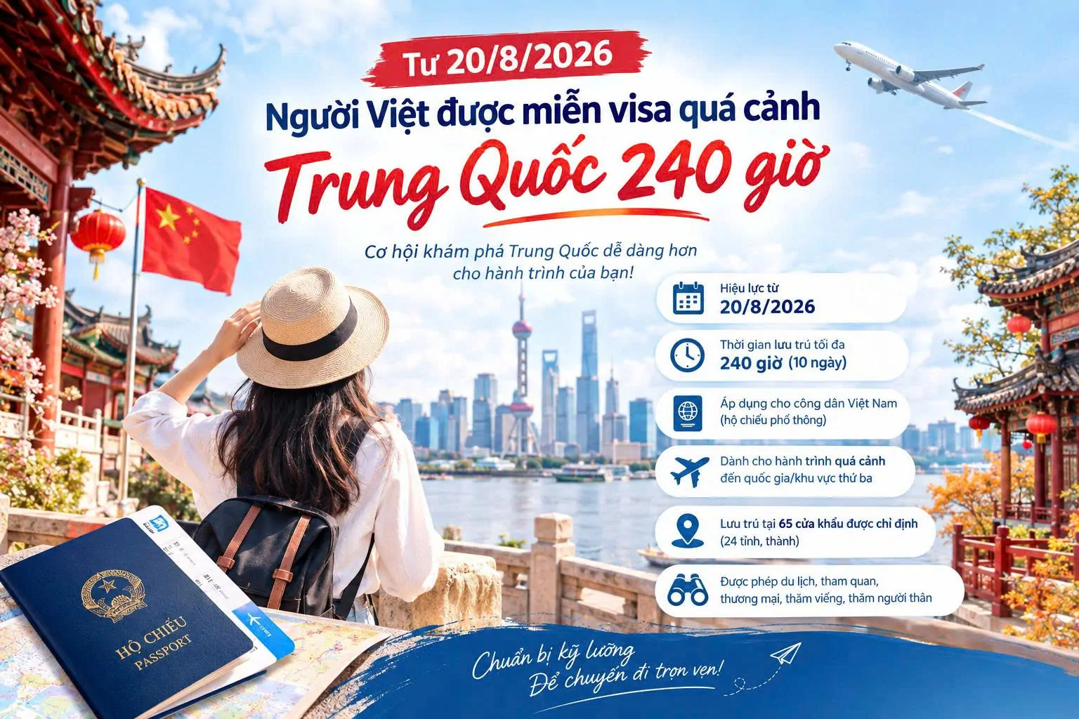 Người Việt được miễn visa quá cảnh Trung Quốc 240 giờ